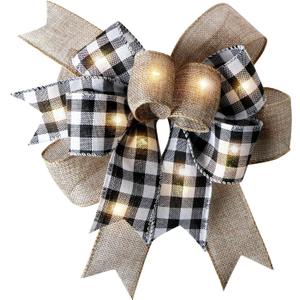LED Christmas Buffalo Plaid Bow Rustic Burlap Black White Wreath Bow with LED Lights for Holiday Decorations (9.5 x 13 inch)