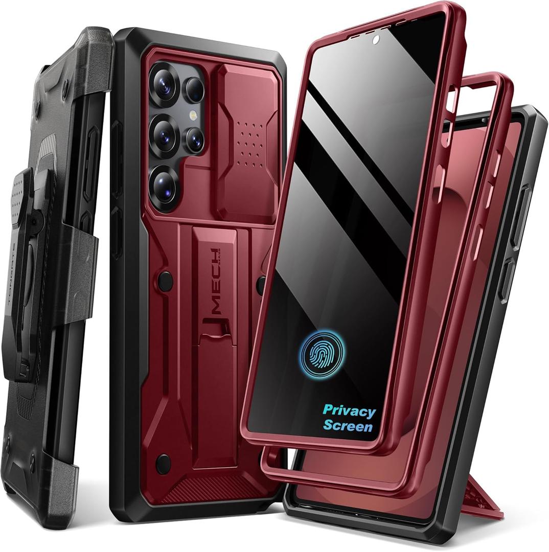 TONGATE for Samsung Galaxy S24 Ultra Case, [with Privacy Screen Protector & Slide Camera Cover] [2 Front Frames] Full-Body Heavy Duty S24 Ultra Phone Case with Stand & Belt Clip Holster, Maroon
