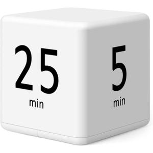 Rotating Pomodoro Timer, 5/25/15/45 Mins Preset, Desk Cube Countdown Flip Productivity Timer for ADHD, Time Management, Classroom, Workout, Kitchen, Cooking, Study, White