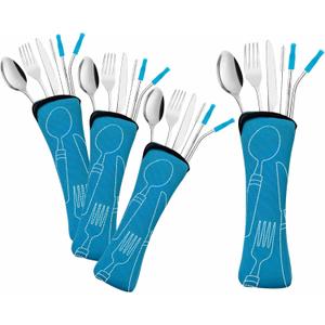 Travel Utensils Set with Case 4 Pack, Reusable Stainless Steel Portable Cutlery (Fork, Spoon, Knife, Straws & Cleaner) for Work, Dorm, Camping, Lunch Box, Compact Durable Silverware by Ecoberi (Turq)