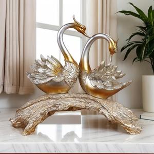 Silvery and Gold Couple Swan Figurine, Romantic Swan Sculpture Statue for Home Decor, Wedding Gift, Table Centerpiece, Mantel Shelf Art Ornament