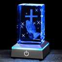 3D Praying Hands Crystal Night Light with Multicolor LED Base Glass Laser Engraved Cross Figurine Religious Christian Gifts for Men Women Birthday Christmas Room Home Decor