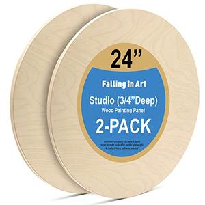 Falling in Art Unfinished Round Birch Wood Panels Kit for Painting, Wooden Canvas 2 Pack of 24 Studio 3/4" Deep, Cradle Boards for Pouring, Art, Crafts, Burning and More