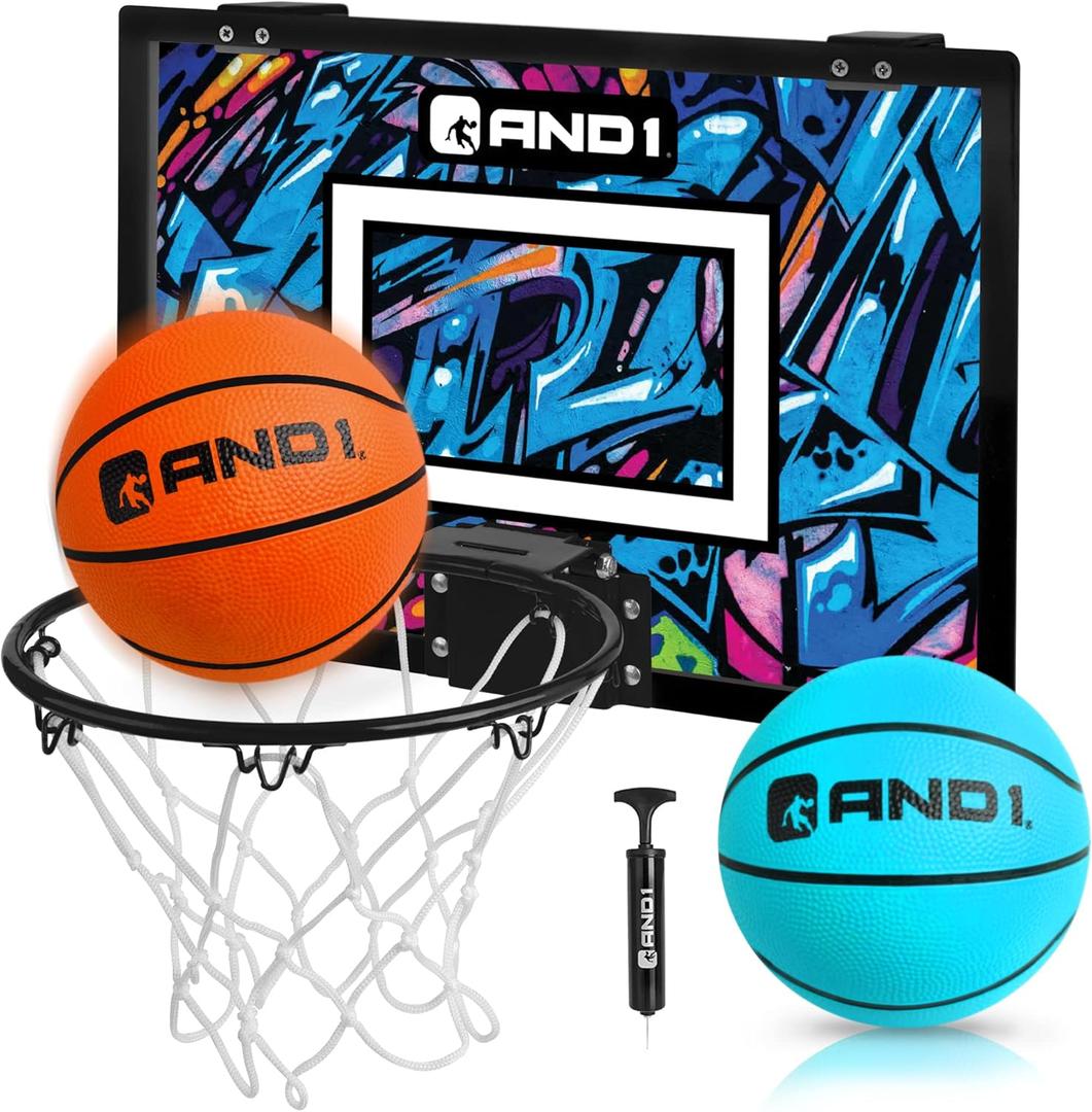 AND1 Over the Door Mini Basketball Hoop: 18x12 Shatterproof Backboard, 2 Mini Basketballs, and Hand Pump Included- Ultimate Indoor Basketball Accessory for Kids and Adults, No Tools Required (Orange/Light Blue)