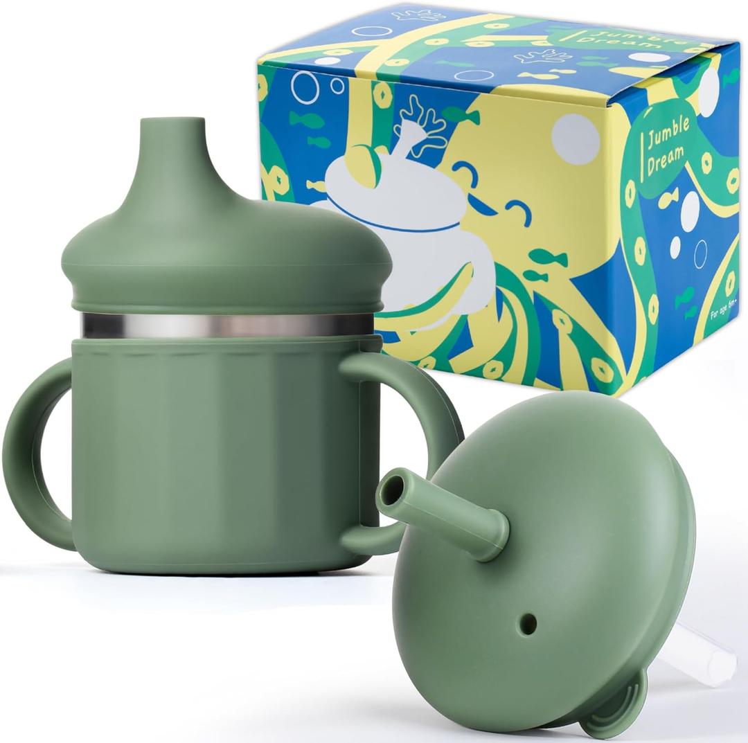 Jumble Dream Baby & Toddler Stainless Steel Sippy Cup Silicon Training Stainless Steel Kids Cups with Straw, Babies Tumbler with Straw No Spill | Sippy Cups for Toddlers 1-3 Years Old (Sage Breeze)
