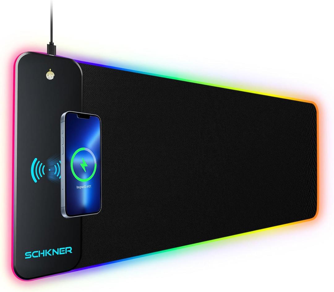 Schkner RGB Gaming Mouse Pad with Wireless Charging 15W, Large Desk Mat 800x300x4mm, 10 Light Modes Keyboard Pad with Non-Slip Rubber Base, Waterproof Mousepad for Gaming PC MacBook Laptop