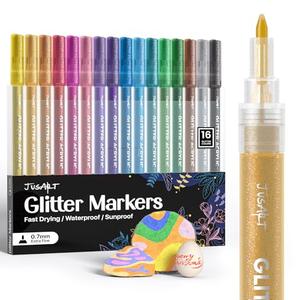 JusArt 16 Colors Glitter Markers, Glitter Paint Pens Sparkly and Shiny for DIY Card Making, Coloring, Scrapbooking, Glass, Wood, Stone, Fabric, Rock - 0.7mm Extra Fine Acrylic Paint Markers