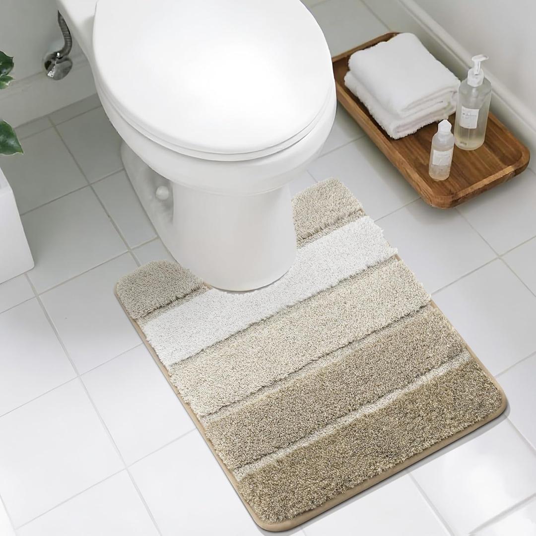 COSY HOMEER Toilet Rugs U-Shaped 24"x20", Ultra Soft Absorbent Bath Mat with Non-Slip TPR Backing, Machine Washable Shaggy Rug for Toilet, Beige