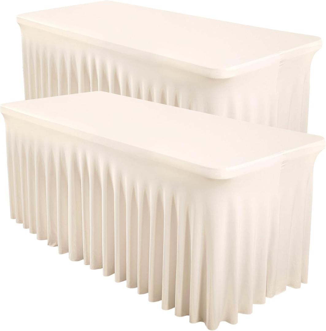 2 Packs Ivory Spandex Tableclothes for 8 Foot Rectangle Table, Spandex Table Covers 8FT Stretch Table Skirts Rectangle Wrinkle Free Fitted Tablecover for Event, Wedding, Banquet & Parties