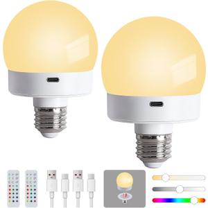Rechargeable Battery Operated Light Bulb with Remote for Lamps, E26 Wireless USB Charging Magnetic LED Battery Powered Light Bulb, 380 LM Dimmable Puck Lights, 15 Colors, Timer, 2 Pack