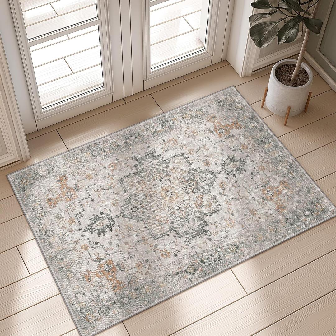 GENIMO Area Rug 2x3 FtDoormat, Machine Washable Low Pile Rugs, Small Retro Chenille Entryway Mat for Entrance, Hallway, Kitchen and Corridor, Light Taupe Brown