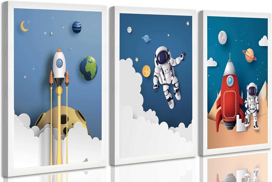 3 Pcs Space Nursery Canvas Wall Art Whimsical Outer Space Astronauts Rocket Kid Painting Pictures Wall Decor Poster Print Artwork for Boys Room Kids Room Decoration Unframed