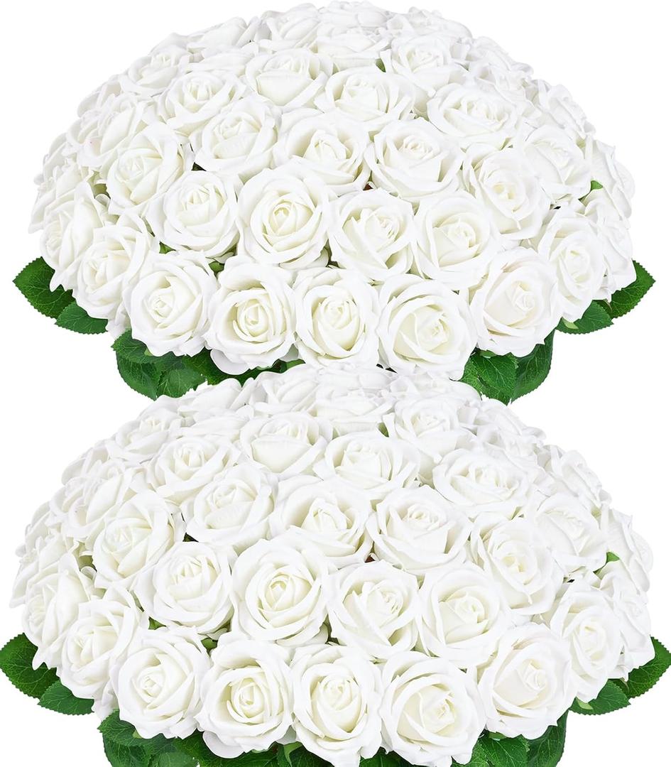 50 Pcs White Roses Artificial Flowers, Real Touch Velvet Roses Bouquet Fake Flowers Bulk, Artificial Roses with Long Stems for Birthday Gift Women Mom DIY Bridal Wedding Centerpiece Decorations