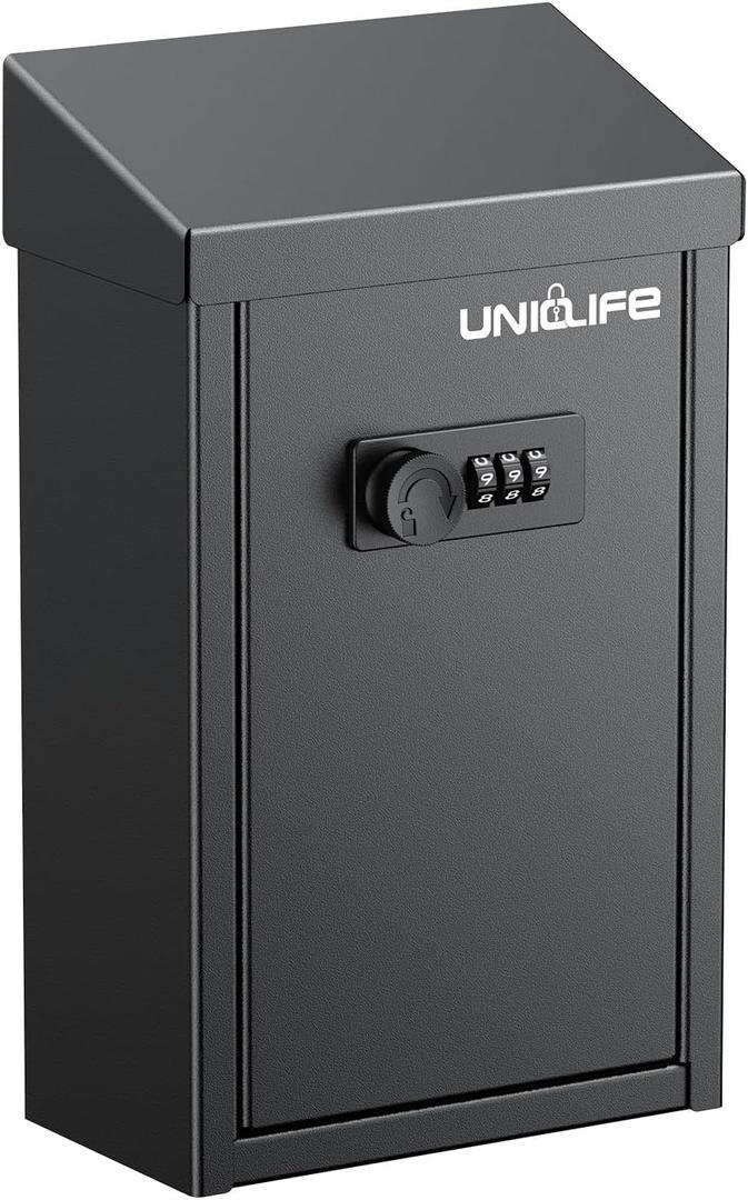 Uniclife Key Drop Box for Outside, Metal Donation Box Collection Box with Combination Lock, Safe Suggestion Box, Wall Mounted Mailbox with Top Slot, Steel Cash Drop Box for Home Office and Business (Black)