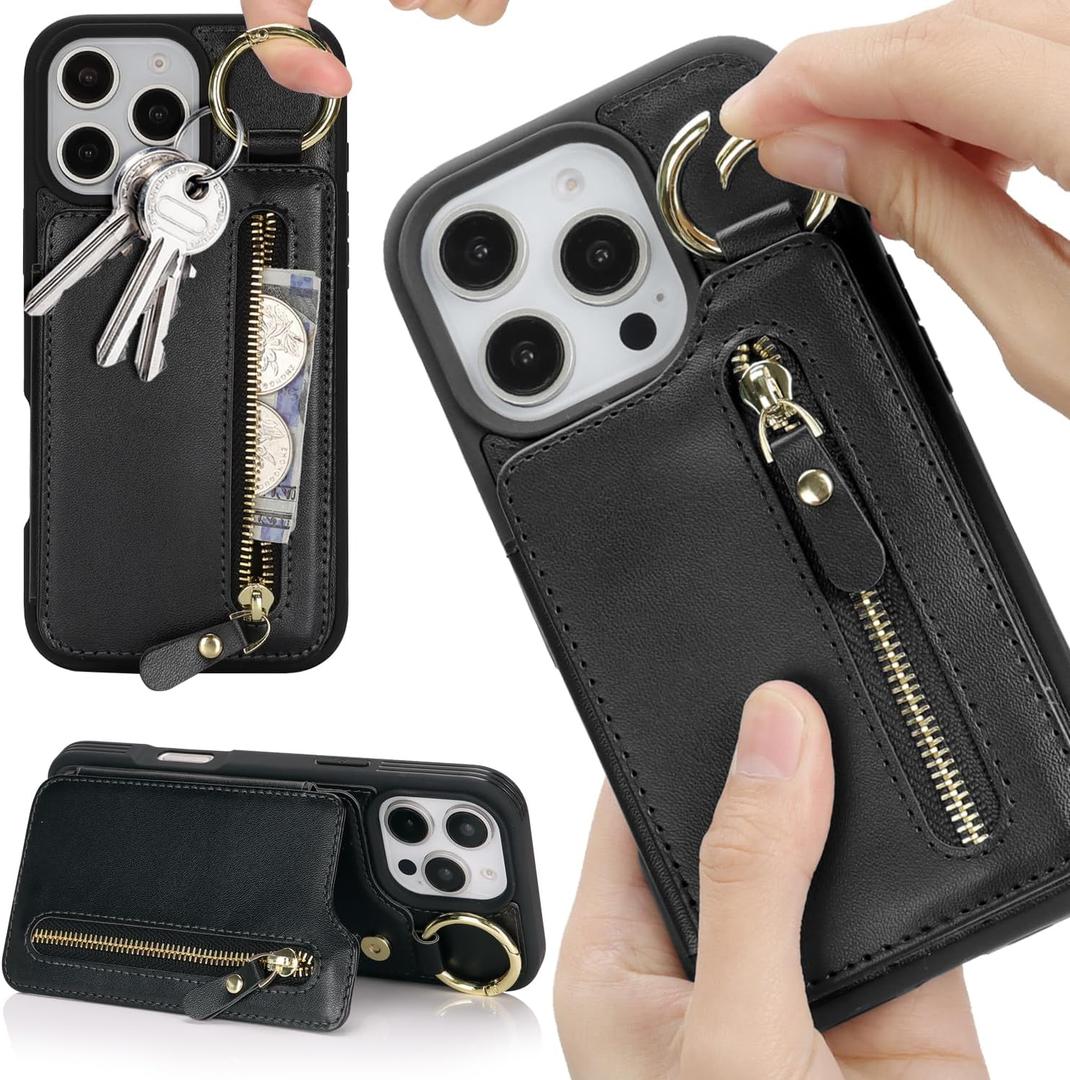 for iPhone 11 case Wallet with Card Holder for Women Men Shockproof Phone case with Keychain Ring Stand Leather Zipper Credit Card Slots-Black