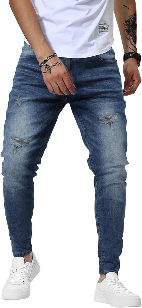 Woenzaia Mens Jeans Slim Fit Skinny Denim Stretch Tapered Jean Pants (Blue, L)