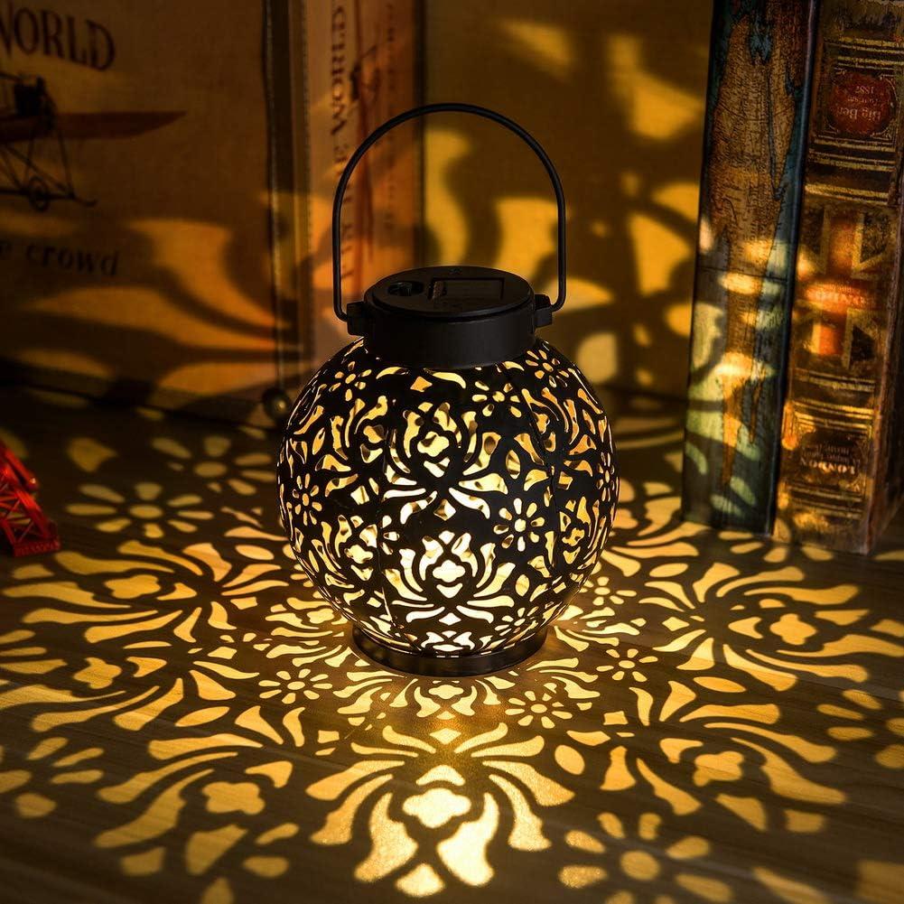  Outdoor Solar Hanging Lantern Lights Metal LED Decorative Lamp for Garden Patio Courtyard Lawn and Table with Hollowed-Out Design (Black)
