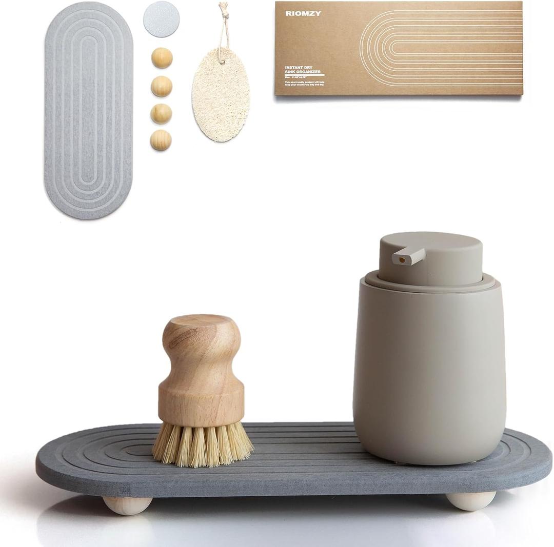 Instant Dry Sink Caddy Organizer  Water Absorbing Stone Tray for Kitchen Bathroom Countertop, Fast Drying Sink Caddy (with Wooden Feet and Natural Loofah, Gray)