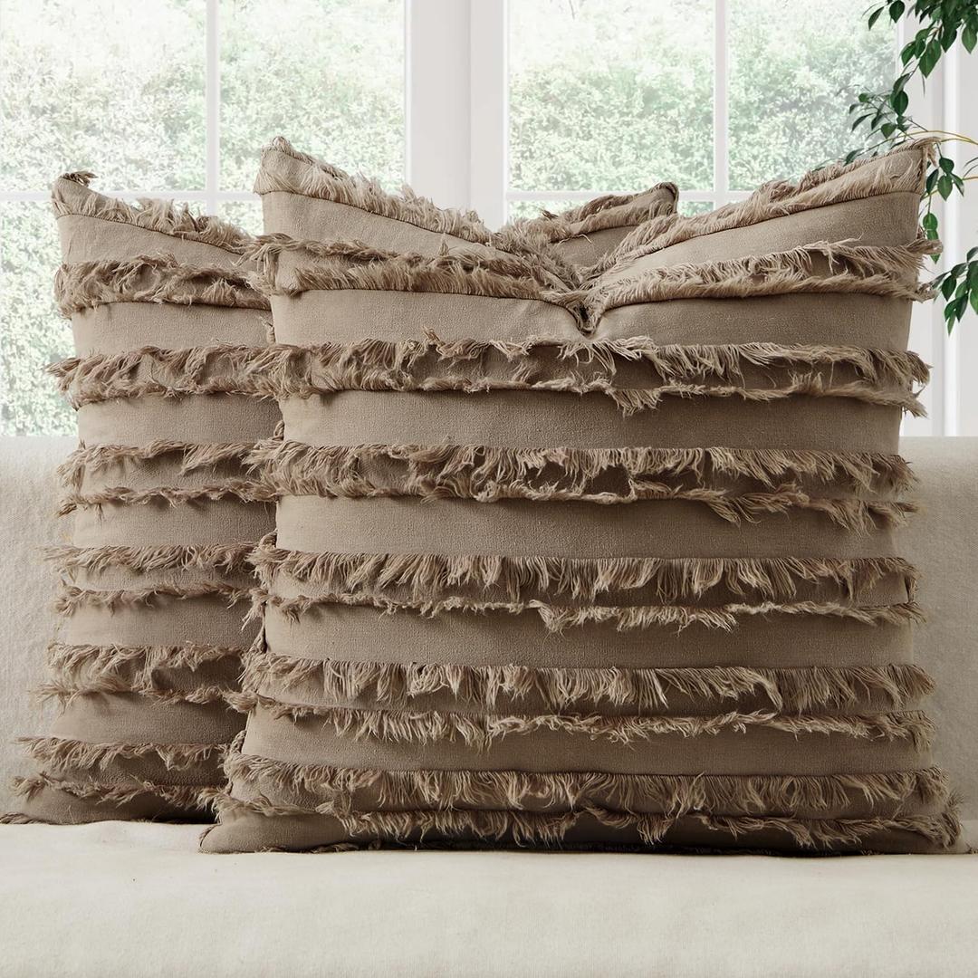 MIULEE Decorative Boho Throw Pillow Covers Set of 2 Khaki Brown Modern Linen Striped Jacquard Pattern Farmhouse Neutral Cushion Covers for Sofa Couch Living Room Bedroom 18x18 Inch Home Decor