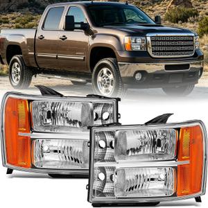 APSVE For 2007 2008 2009 2010 2011 2012 2013 GMC Sierra 1500 Headlights Assembly for 2007-2014 Sierra 2500 HD 3500 HD Chrome Housing Amber Reflector Headlamp Replacement Pair Driver and Passenger