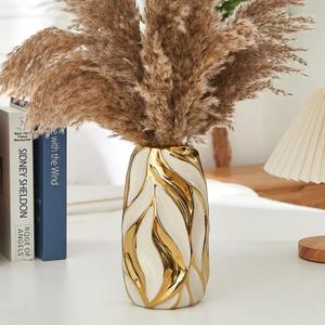 Cream White Ceramic Vase for Flowers, Gold Flower Vase Modern Home Decor, Small Ceramic Vase for Pampas Grass Decorative Vase, for Farmhouse Coffee Table Bookshelf (Large)