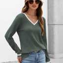 V Neck Long Sleeve Shirts for Women Fall 2025 Casual Business Ribbed Knit Sweater Cute Work Outfits (Small)