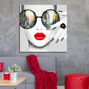 C
ontemporary Wall Art Modern Fashion Women with Red Lip Canvas Print Stylish Feminine Wall Art Painting Framed Cityscape Piture Ready to Hang for Home Decoration (40x40inch)