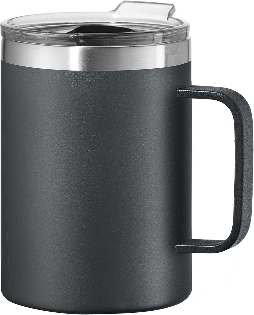OGGI ThermoMug Stainless Steel Insulated Mug- Double Wall Vacuum Insulated w/Handle & Lid, Coffee Cup, Camping Mug, Travel Thermos, 14oz(420ml), Black