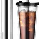 ALINK Reusable Iced Coffee Cup with Lid and Straw, 24 oz Boba Tea Smoothie Cup, Leak Proof Double Wall Insulated Iced Coffee Tumbler for Hot Cold Drinks, Bubble Tea, With 2 Boba Straws 1 Brush
