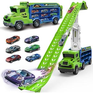 Toddler Car Truck Toys,Car Carrier Truck Toys for Kids Age 3-5 4-8,Foldable Car Track Sets with 2.8-Ft Race Track and 6 Die-Cast Race Cars, Truck Toys Gifts for 3 4 5 6 7 8+ Year Old Boys Girls(Green)