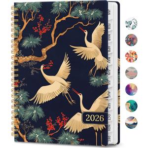 2026 Planner, Weekly and Monthly Calendar Planner Book, January 2026 - December 2026, Hardcover Spiral Planner with Monthly Tabs, Notes Pages, Perfect for Women & Men, A5 (6.4" x 8.5") - Cranes