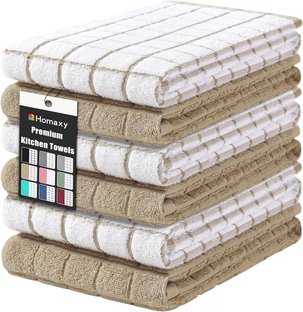Homaxy Premium Cotton Kitchen Towels 16"x 28", Large Natural Ring Spun 390 GSM Dish Towels, Super Absorbent Terry Kitchen Hand Towels, Soft Tea Towels with Hanging Loop, Tan Check Design, 6 Pack