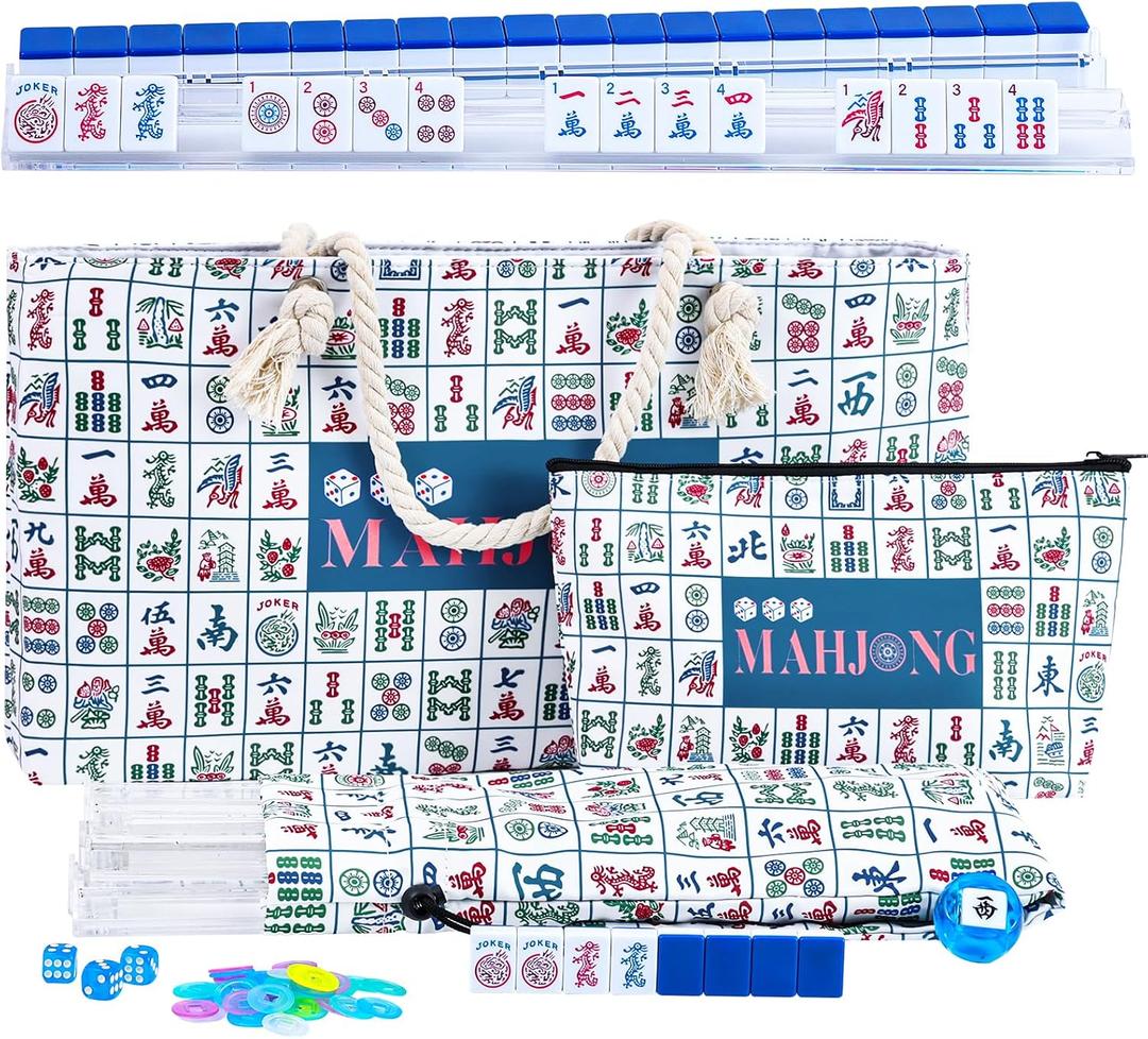 American Mahjong Set: 166 Dark Blue Tiles, 4 Clear Racks with Pushers, Mahjong Bag and Accessories, Mahjong Tile Set for Beginners (Mah-Jongg)
