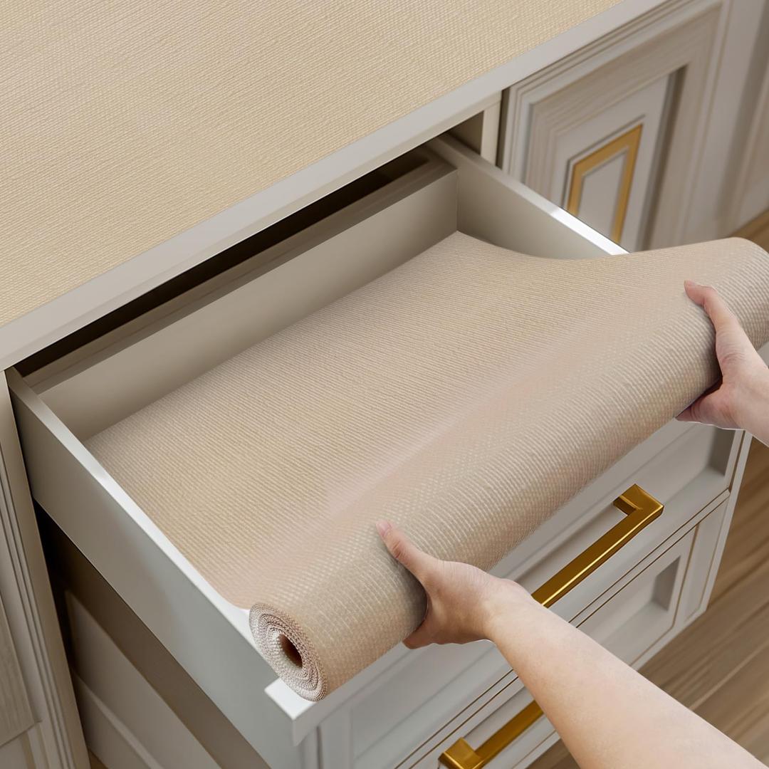 Shinlendid Shelf and Drawer Liner for Kitchen Cabinet Non-Adhesive Non Slip | Thickened Shelf Paper Waterproof Shelves Protector Pantry Liner Cover for Dresser Cupboard Bathroom Khaki 23IN x 10FT