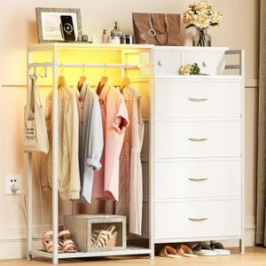 KKL Dresser for Bedroom with Clothes Hanging Rack, Reversible Bedroom Dresser with Shoe Rack & 6 Fabric Drawers, 3-in-1 Storage Chest of Drawers with Led Lights & Charging Station for Closet, White