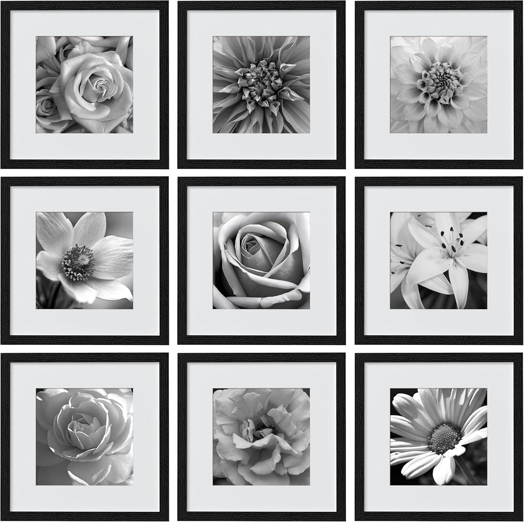 eletecpro 14x14 Picture Frames Set of 9, Classic Gallery Wall Frame Set Displays 10x10 Photos with Mat or 14x14 without Mat, Photo Frames Collage Wall Decor, Black Frames for Home Decor