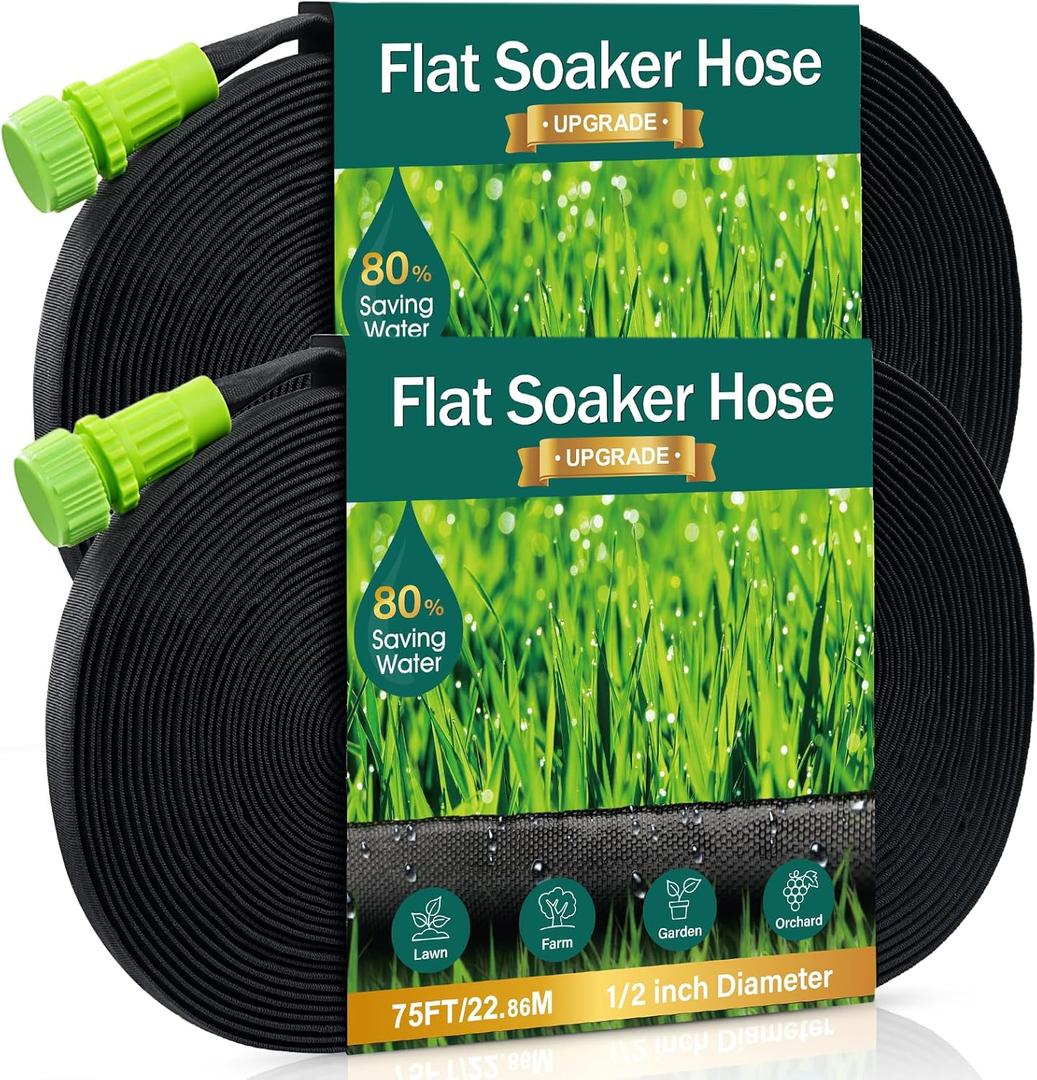 Soaker Hose - Flat Soaker Hose 150 FT for Garden Beds, Garden Soaker Hoses with Heavy Duty, Double Layer Sprinkler Drip Soaker Hoses 2 Pack