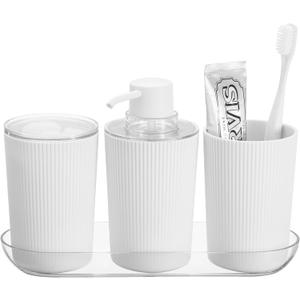 iDesign 4-Piece Bathroom Accessories Vanity Countertop-White/Clear Fluted Soap Pump Set with Tray