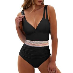 ANRABESS One Piece Swimsuit for Women Tummy Control V Neck Slimming Sexy Bathing Suit Color Block Padded Beach Swimwear, Black, Large