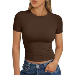 Trendy Queen Womens Short Sleeve T Shirts - Buttery Soft Summer Crop Tops Slim Fit Y2k Basic Tees for Workout, Size M