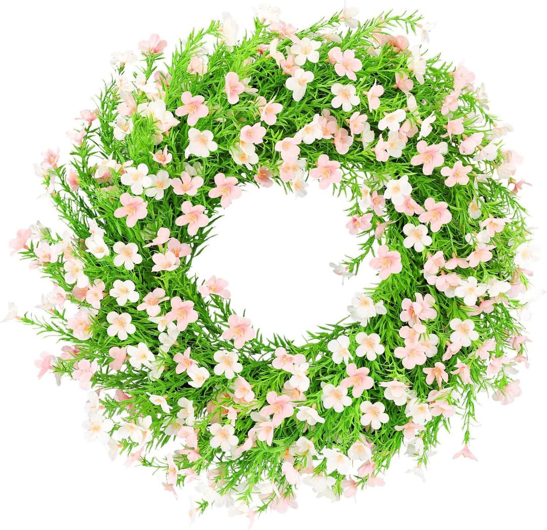 24 Inch Whitepink Artificial Forsythia Silk Front Door Wreath | Beautiful whitepink silk flower summer wreath, decor for wall, farmhouse indoor & outdoor home decoration