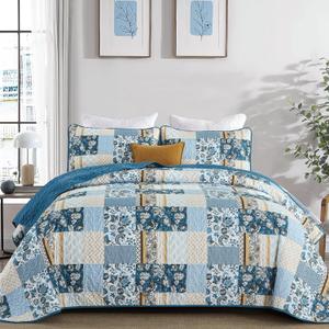 WONGS BEDDING Quilt Set King Size Blue, 3 Pieces Summer Patchwork Plaid Bedspread Coverlet Set, Floral Soft Lightweight Microfiber Bedding Set for All Season(104"90)