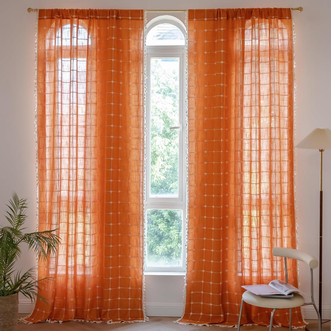 Deeprove Boho Curtains 63 Inches Long for Bedroom Living Room, Cotton Linen Plaids Textured Semi Blackout Bohemian Farmhouse Fall Window Treatment Grids Drape Tassels, 1 Panel W52 x 63, Burnt Orange