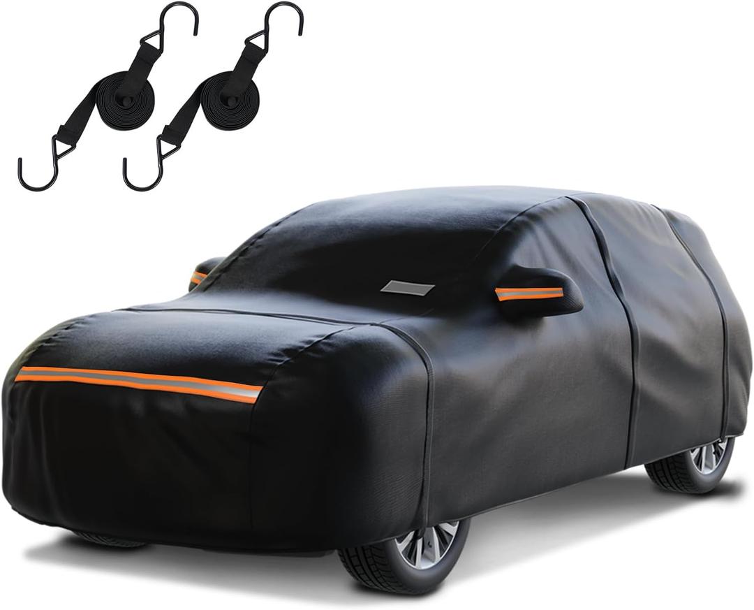 SUV Car Cover Waterproof All Weather for AutomobilesOutdoor Heavy Duty Full Exterior Covers with Zipper Door, Rain Sun Snow Dust UV Protection, Windproof Straps & Reflective Strips(Up to 189") (Black)