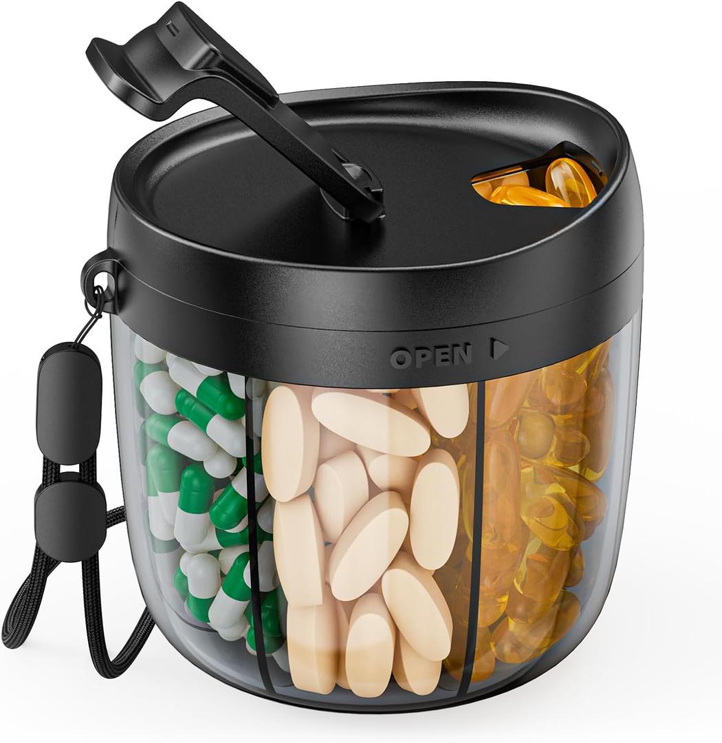 PULIV Portable Pill Dispenser Bottle, Vitamin Organizer with 7 Compartments, Holds Plenty of Supplements, Anti-Mix & Wide Openings Design, Easy to Retrieve Meds, Travel Essentials, Includes 20 Labels (Black)