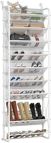 JSB 10 Tier Shoe Rack Mesh Fabric Over The Door Shoe Organizer X-Structure Trouser Hangers Closet Pantry Hanging Shoe Clothes Toys Storage Shelves (Matte White, 10 Tier)
