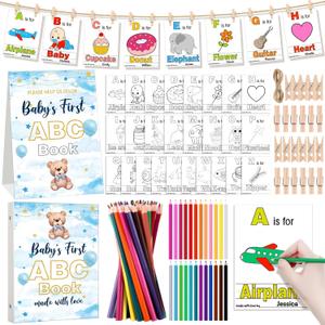 Bear Baby's First ABC Book Baby Shower Activity Keepsake Game ABC Coloring Baby Shower Guest Book Alternative 26 Alphabet a to Z Coloring Card with 24 Pencils 60 Clothespins