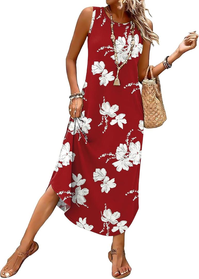 WIHOLL Summer Dresses for Women 2026 Hawaiian Beach Vacation Clothes Casual Sleeveless Maxi Long Sundresses with Pockets (Medium, Red Floral)