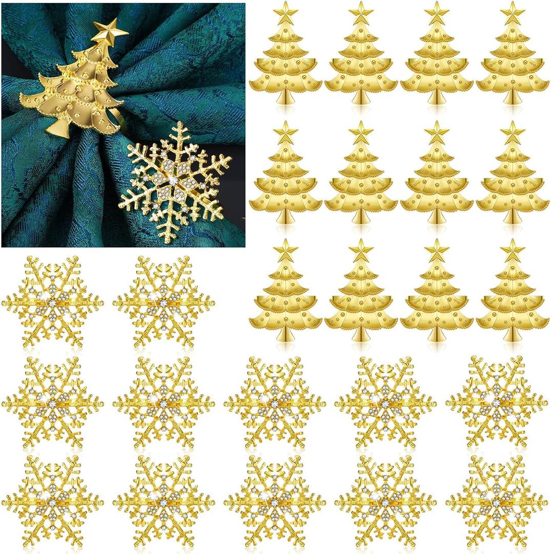 Patelai 24 Pcs Christmas Napkin Rings Snowflake and Tree Xmas Napkin Holder Rings Metal Shiny Holder for Christmas Party Wedding Holiday Dinner Table Decor (Gold)
