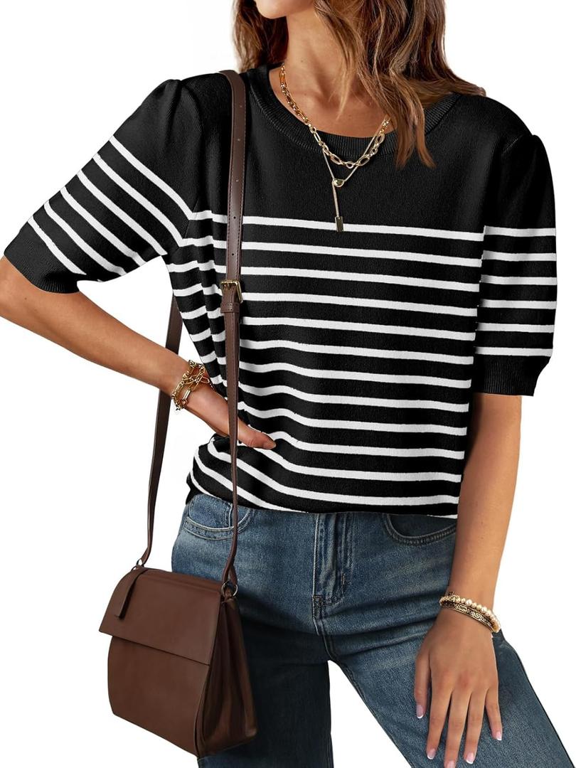 ZESICA Women's Casual Striped Tops Short Sleeve Crew Neck Ribbed Knit T Shirts Comfy Loose Basic Pullover Sweater (Black)